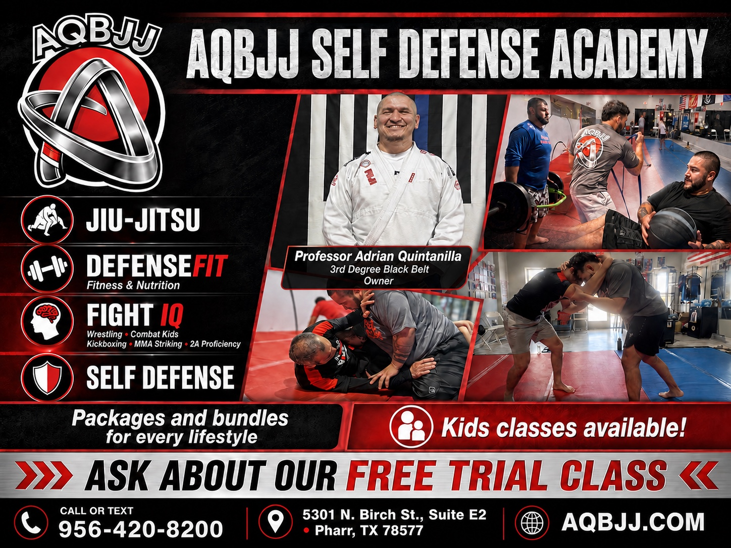 AQBJJ Self Defense Academy programs and free trial advertisement